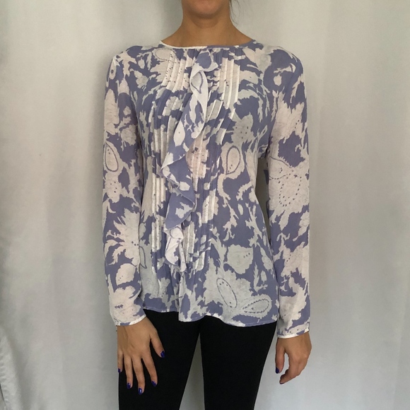 LOFT Tops - BR EUC L/S Periwinkle Blue Ruffled Front Blouse